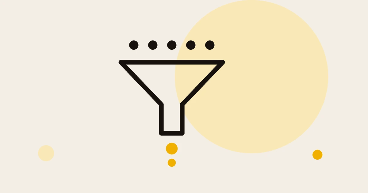 Flat illustration of a funnel with five dots going in at the top and two coming out of the spout.